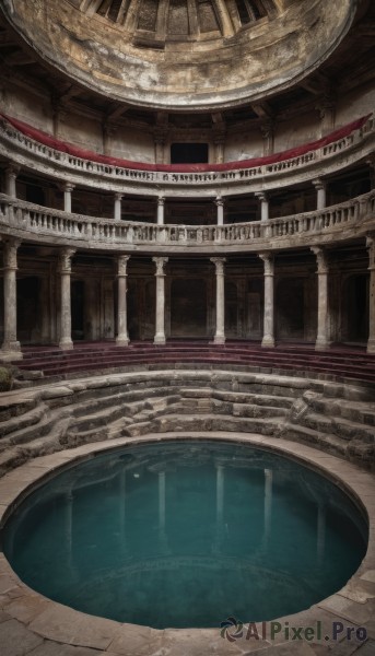 indoors,water,no humans,window,scenery,reflection,stairs,architecture,bridge,pillar,statue,arch,column,building,fantasy,railing,ruins