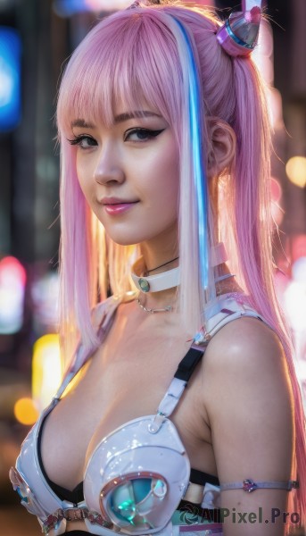 1girl,solo,long hair,breasts,looking at viewer,smile,bangs,blue eyes,hair ornament,cleavage,bare shoulders,twintails,jewelry,medium breasts,underwear,upper body,pink hair,multicolored hair,parted lips,choker,artist name,necklace,bra,blurry,two-tone hair,lips,streaked hair,makeup,blurry background,lipstick,realistic,nose,closed mouth,blue hair,swimsuit,sidelocks,bikini,signature,black eyes,eyelashes,depth of field,gem,bikini top only,armlet,science fiction,pink lips