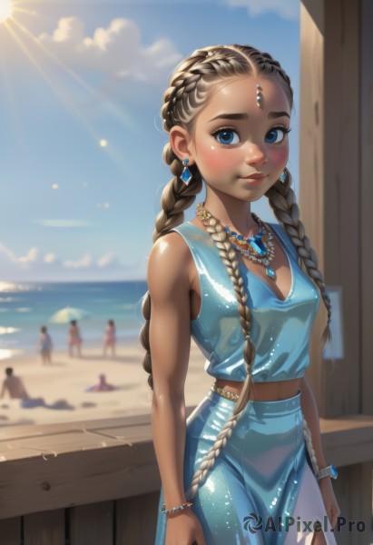 1girl,long hair,breasts,looking at viewer,blush,smile,blue eyes,multiple girls,skirt,blonde hair,brown hair,shirt,navel,cleavage,bare shoulders,twintails,jewelry,very long hair,closed mouth,standing,collarbone,braid,cowboy shot,earrings,small breasts,outdoors,multiple boys,sky,sleeveless,solo focus,day,midriff,shiny,artist name,cloud,signature,dark skin,3girls,water,necklace,blurry,twin braids,bracelet,dark-skinned female,blue sky,lips,blue skirt,crop top,wet,see-through,shiny skin,bare arms,eyelashes,sleeveless shirt,depth of field,blurry background,ocean,watermark,beach,happy,sunlight,tank top,blue shirt,tan,gem,web address,forehead,lens flare,pendant,backlighting,freckles,beads,light rays,glint,nose,sand,arms at sides,sun,horizon,summer,bead necklace,bokeh,blue gemstone,multi-tied hair,multiple braids,solo,medium breasts,covered nipples,facial mark,piercing,thick eyebrows,cloudy sky,hair over shoulder,side slit,blue nails,long skirt,patreon username,pearl necklace,pearl (gemstone)