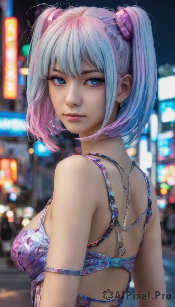 1girl,solo,breasts,looking at viewer,smile,short hair,bangs,blue eyes,hair ornament,dress,bare shoulders,twintails,jewelry,medium breasts,closed mouth,underwear,blue hair,upper body,pink hair,white hair,multicolored hair,earrings,outdoors,looking back,artist name,medium hair,necklace,from behind,bra,blurry,two-tone hair,lips,eyelashes,makeup,night,depth of field,blurry background,realistic,nose,sidelocks,small breasts,shiny,signature,from side,looking to the side,gradient hair,short twintails,pink lips,purple bra,bokeh