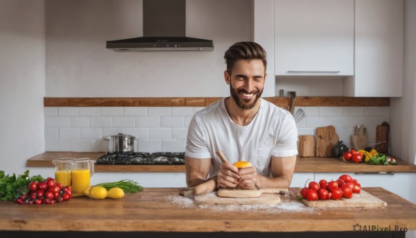 solo,smile,short hair,open mouth,brown hair,shirt,black hair,1boy,holding,closed eyes,white shirt,upper body,short sleeves,male focus,food,indoors,cup,fruit,facial hair,table,knife,t-shirt,beard,plate,alcohol,drinking glass,mustache,holding knife,cooking,kitchen,photo background,lemon,tomato,vegetable,counter,lettuce,cutting board,onion,salad,brown eyes,dark skin,bag,dark-skinned male,mug,realistic,bread,beer,orange (fruit),banana,cheese,potato,foam