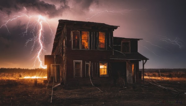 outdoors,sky,cloud,no humans,window,cloudy sky,building,scenery,sunset,fence,electricity,cable,ruins,house,power lines,lightning,grass,door,dark