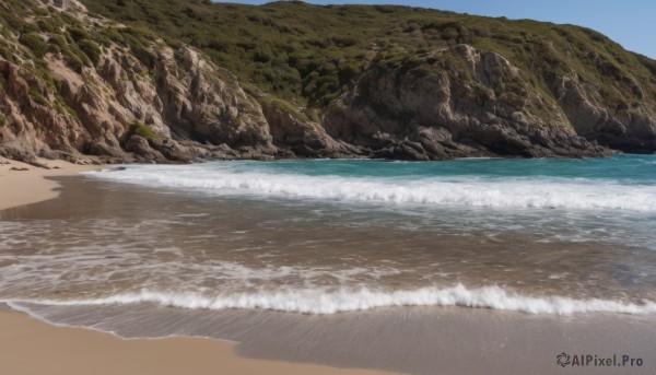 outdoors,sky,day,water,blue sky,no humans,ocean,beach,scenery,rock,mountain,sand,waves,shore,horizon,desert