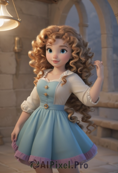 1girl,solo,long hair,looking at viewer,smile,blue eyes,skirt,blonde hair,brown hair,shirt,dress,standing,cowboy shot,indoors,hand up,blurry,lips,blue skirt,depth of field,blurry background,blue dress,wavy hair,curly hair,lantern,lamp,sleeves past elbows,breasts,long sleeves,jewelry,very long hair,white shirt,frills,artist name,window,brick wall,arch