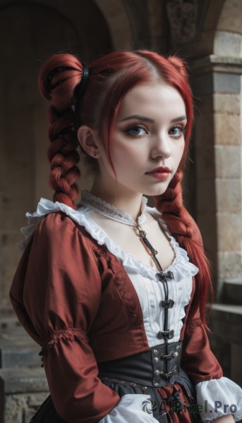 1girl,solo,long hair,breasts,looking at viewer,skirt,long sleeves,dress,twintails,jewelry,closed mouth,upper body,braid,red hair,earrings,small breasts,frills,choker,puffy sleeves,necklace,blurry,twin braids,lips,grey eyes,makeup,blurry background,lipstick,juliet sleeves,corset,red jacket,lolita fashion,realistic,gothic lolita,red lips,bangs,blue eyes,red dress,freckles,nose,hair behind ear,multiple braids