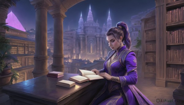 1girl,solo,long hair,breasts,black hair,long sleeves,dress,cleavage,jewelry,medium breasts,sitting,closed eyes,ponytail,purple hair,earrings,sky,indoors,necklace,lips,book,makeup,night,table,plant,building,star (sky),night sky,scenery,purple dress,city,open book,bookshelf,reading,potted plant,hair pulled back,castle,book stack,balcony,brown hair,holding,high ponytail,starry sky