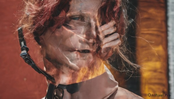 solo,blue eyes,1boy,closed mouth,male focus,red hair,blurry,lips,facial hair,scar,fire,portrait,realistic,1girl,looking at viewer,short hair,brown hair,choker,black choker,close-up,science fiction,android,cable