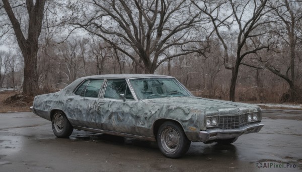A motor vehicle in the heart of a peaceful snowy outdoors