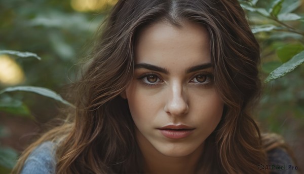 1girl,solo,long hair,looking at viewer,brown hair,brown eyes,closed mouth,flower,blurry,lips,eyelashes,depth of field,blurry background,leaf,wavy hair,portrait,close-up,freckles,realistic,nose,outdoors,artist name