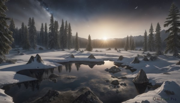 outdoors,sky,cloud,water,tree,no humans,night,moon,star (sky),nature,night sky,scenery,snow,forest,starry sky,rock,mountain,sun,crescent moon,winter,river,landscape,lake,sunrise,pine tree,reflection,sunset,mountainous horizon,reflective water