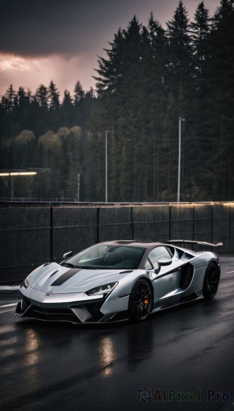 outdoors,sky,cloud,tree,no humans,cloudy sky,ground vehicle,nature,scenery,motor vehicle,forest,reflection,fence,car,road,vehicle focus,lamppost,sports car,solo