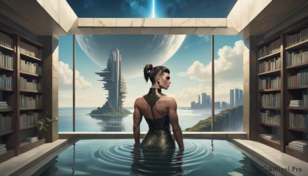 1girl,solo,short hair,black hair,dress,bare shoulders,jewelry,ponytail,ass,earrings,sky,sleeveless,day,looking back,cloud,indoors,dark skin,water,from behind,dark-skinned female,book,window,bodysuit,muscular,back,moon,plant,building,star (sky),scenery,skin tight,wading,reflection,city,muscular female,bookshelf,pool,ripples,planet,very dark skin,library,earth (planet),globe,black dress,lips,makeup,ocean,halterneck,partially submerged,backless outfit,nose,bare back,backless dress,facial tattoo,hair pulled back,spacecraft,updo,overgrown