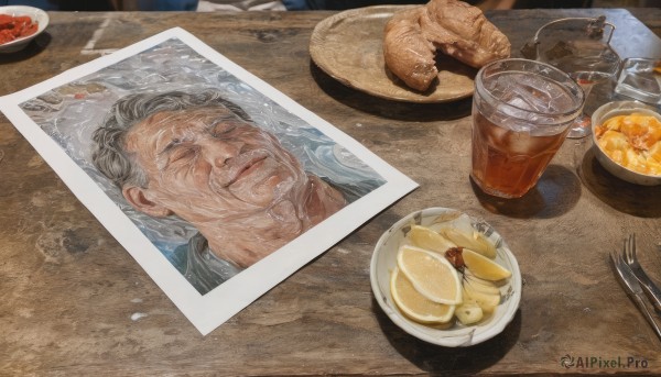 solo,1boy,closed eyes,grey hair,male focus,food,water,cup,wet,fruit,traditional media,table,knife,plate,drinking glass,ice,realistic,drink,fork,glass,photo (object),old,old man,orange (fruit),food focus,lemon,ice cube,lemon slice,old woman,wooden table,wrinkled skin,steak,1girl,smile,cake,bread,pancake,pie,butter