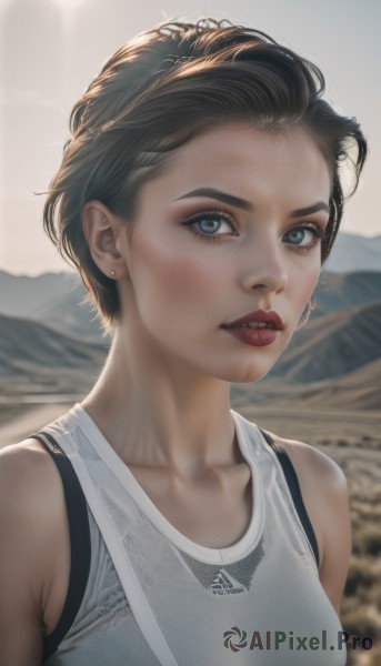 1girl,solo,breasts,looking at viewer,short hair,blue eyes,brown hair,shirt,black hair,bare shoulders,jewelry,medium breasts,collarbone,white shirt,upper body,earrings,outdoors,parted lips,teeth,sleeveless,blurry,lips,blurry background,tank top,freckles,mountain,realistic,stud earrings,eyelashes,makeup,nose,dirty,dirty face