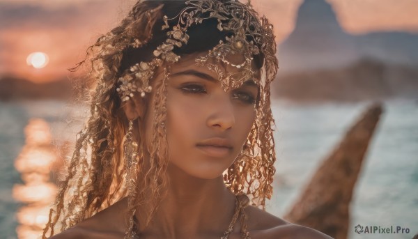 1girl,solo,long hair,looking at viewer,brown hair,black hair,hair ornament,bare shoulders,brown eyes,jewelry,closed mouth,collarbone,outdoors,sky,dark skin,water,blurry,dark-skinned female,lips,depth of field,blurry background,ocean,portrait,sunset,realistic,nose,necklace,eyelashes,veil,mountain,sun,headdress