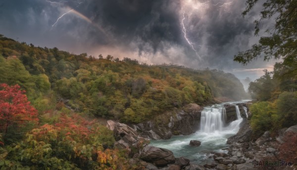 outdoors, sky, cloud, water, tree, no humans, cloudy sky, nature, scenery, forest, rock, mountain, river, lightning, waterfall, landscape