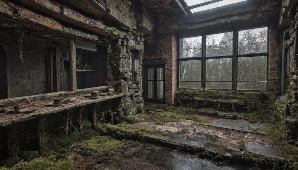 outdoors,day,indoors,tree,no humans,window,sunlight,grass,plant,building,nature,scenery,rock,ruins,pillar,moss,rubble,overgrown,post-apocalypse,broken window,water,bare tree