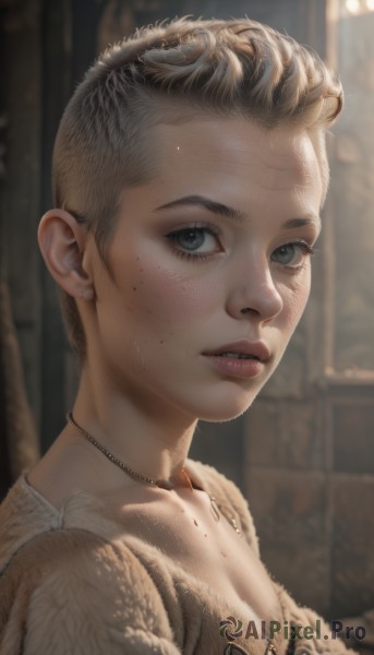 1girl,solo,breasts,looking at viewer,short hair,blue eyes,blonde hair,cleavage,jewelry,upper body,earrings,parted lips,teeth,necklace,blurry,lips,grey eyes,eyelashes,blood,blurry background,piercing,freckles,realistic,nose,very short hair,brown hair,artist name,indoors,watermark,portrait,genderswap,forehead,genderswap (mtf),dirty