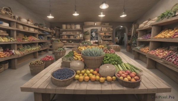 food,indoors,no humans,fruit,chair,table,bottle,plant,scenery,plate,bowl,wooden floor,door,apple,basket,lamp,carrot,bread,shelf,meat,food focus,shop,banana,lemon,tomato,vegetable,ceiling,counter,ceiling light,cucumber,potato,corn,onion,radish,potted plant,grapes,pineapple