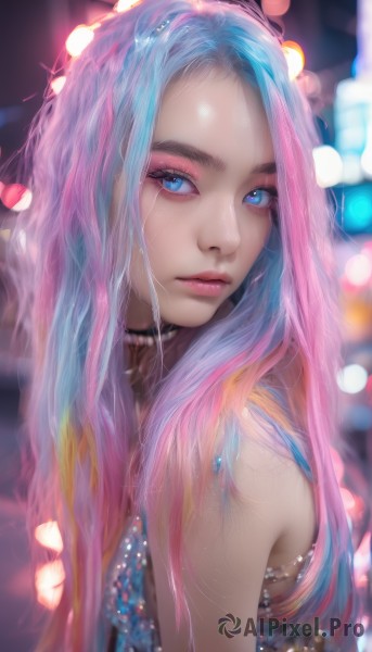 1girl,solo,long hair,looking at viewer,blue eyes,bare shoulders,jewelry,closed mouth,blue hair,upper body,pink hair,multicolored hair,choker,artist name,blurry,two-tone hair,lips,eyelashes,makeup,blurry background,black choker,lipstick,forehead,eyeshadow,realistic,nose,bokeh,mascara,k/da (league of legends),parted lips,necklace,from side,streaked hair,depth of field,watermark,gem,web address,pink lips