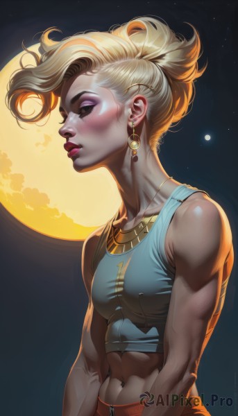 1girl,solo,breasts,blush,short hair,blonde hair,navel,bare shoulders,jewelry,collarbone,closed eyes,upper body,ponytail,earrings,small breasts,parted lips,sky,sleeveless,midriff,pants,necklace,from side,lips,crop top,eyelashes,profile,makeup,muscular,night,piercing,abs,moon,tank top,lipstick,night sky,full moon,eyeshadow,backlighting,freckles,toned,nose,muscular female,navel piercing,artist name,dark skin,realistic,eyeliner,facepaint,mascara,updo