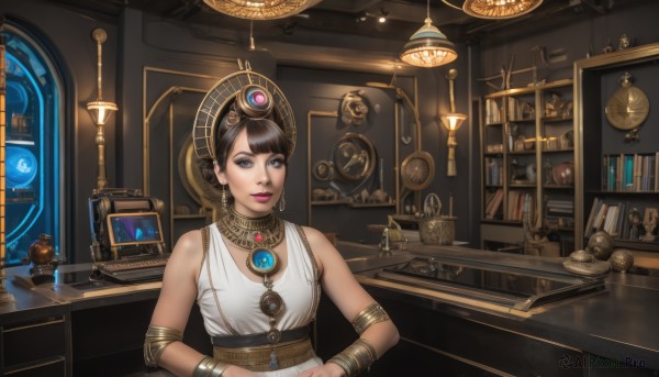 1girl,solo,breasts,looking at viewer,short hair,bangs,blue eyes,brown hair,black hair,dress,bare shoulders,jewelry,sitting,upper body,earrings,sleeveless,indoors,necklace,white dress,bracelet,lips,grey eyes,book,makeup,sleeveless dress,lipstick,gem,armlet,desk,eyeshadow,science fiction,realistic,clock,bookshelf,headdress,lamp,globe,phonograph,steampunk,weighing scale,hourglass,hair ornament,medium breasts,blunt bangs,black eyes,cup,chair,table,nose,shelf,loaded interior