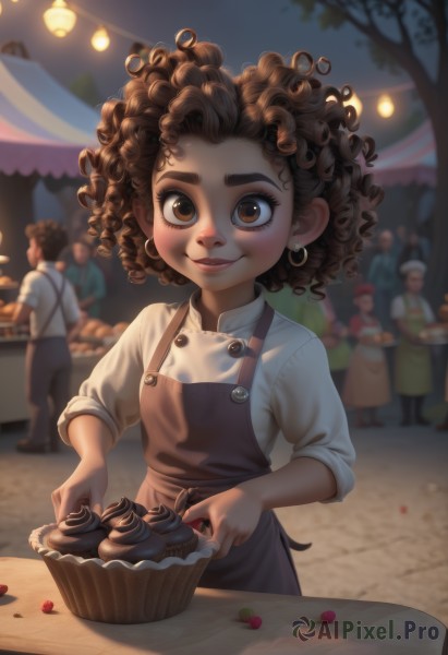 1girl,looking at viewer,smile,short hair,brown hair,shirt,holding,brown eyes,jewelry,white shirt,earrings,outdoors,food,multiple boys,solo focus,dark skin,medium hair,blurry,apron,dark-skinned female,tree,lips,night,fruit,blurry background,thick eyebrows,child,cake,curly hair,hoop earrings,chocolate,female child,multiple others,cherry,very dark skin,afro,brown apron,breasts,blush,multiple girls,3girls,food-themed earrings