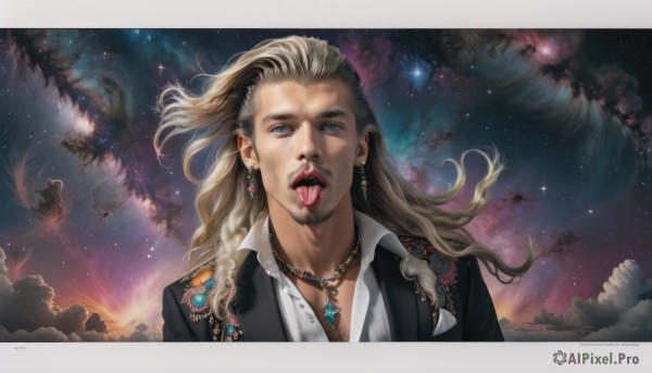 solo,long hair,looking at viewer,open mouth,blue eyes,blonde hair,shirt,1boy,jewelry,jacket,white shirt,upper body,male focus,earrings,sky,tongue,collared shirt,cloud,tongue out,necklace,star (symbol),lips,black jacket,facial hair,watermark,piercing,formal,suit,gem,portrait,star (sky),night sky,beard,pendant,starry sky,realistic,space,outdoors,artist name,night