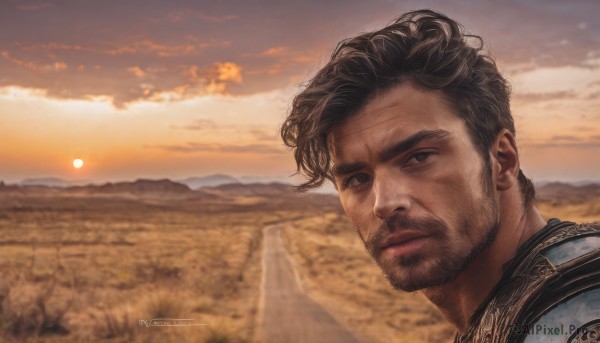 solo,looking at viewer,short hair,brown hair,black hair,1boy,brown eyes,closed mouth,male focus,outdoors,sky,artist name,cloud,signature,armor,blurry,black eyes,blurry background,facial hair,cloudy sky,portrait,scenery,beard,sunset,mountain,realistic,mustache,stubble,sun,field,lips