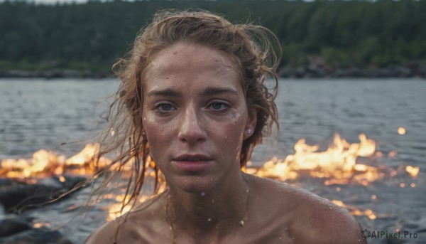 1girl,solo,long hair,looking at viewer,blue eyes,blonde hair,brown hair,jewelry,collarbone,nude,earrings,outdoors,parted lips,water,blurry,lips,wet,blurry background,fire,messy hair,portrait,freckles,realistic,wet hair,river,short hair,bare shoulders,necklace,grey eyes,depth of field,wind,nose