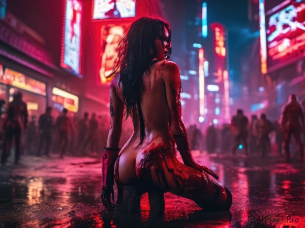 1girl,long hair,black hair,gloves,ass,nude,outdoors,barefoot,solo focus,looking back,from behind,blurry,completely nude,kneeling,blood,tattoo,night,depth of field,blurry background,back,reflection,blood on face,city,realistic,blood on clothes,blood splatter,crowd,cyberpunk,back tattoo,corpse,neon lights,pool of blood,solo,jewelry,wet,building,rain,wet hair,public indecency,street,exhibitionism,public nudity