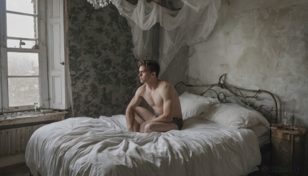 solo,short hair,brown hair,black hair,1boy,sitting,underwear,male focus,indoors,tree,pillow,window,bed,muscular,bed sheet,on bed,underwear only,pectorals,curtains,knee up,topless male,realistic,male underwear,boxers,black male underwear,boxer briefs,closed mouth,nude,muscular male,bara,toned,toned male