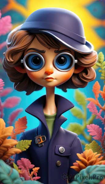 1girl,solo,looking at viewer,short hair,blue eyes,brown hair,shirt,hat,closed mouth,jacket,upper body,flower,parted lips,artist name,blurry,buttons,watermark,freckles,fish,curly hair,green shirt,overalls,lips,leaf,child