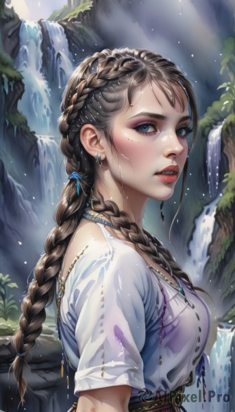 1girl,solo,long hair,breasts,looking at viewer,open mouth,bangs,blue eyes,brown hair,shirt,hair ornament,ribbon,jewelry,medium breasts,hair ribbon,white shirt,upper body,braid,short sleeves,earrings,outdoors,parted lips,teeth,day,artist name,signature,water,necklace,twin braids,from side,lips,wet,see-through,looking to the side,eyelashes,single braid,makeup,upper teeth only,sunlight,plant,blue ribbon,lipstick,wet clothes,hair over shoulder,eyeshadow,freckles,rock,realistic,nose,red lips,wet hair,waterfall,mascara,multi-tied hair,multiple braids,blush,dress,twintails,piercing,ear piercing,nature,pink lips,crown braid,ribbon braid