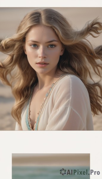 1girl,solo,long hair,breasts,looking at viewer,blue eyes,blonde hair,brown hair,cleavage,medium breasts,underwear,upper body,parted lips,water,bra,blurry,lips,see-through,floating hair,depth of field,blurry background,wavy hair,wind,freckles,realistic,nose,jewelry,necklace