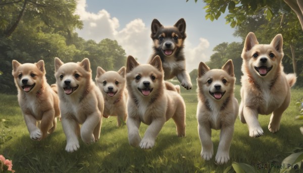 looking at viewer,smile,open mouth,blue eyes,flower,outdoors,sky,day,tongue,cloud,tree,blue sky,no humans,animal,leaf,fangs,cloudy sky,grass,plant,nature,scenery,forest,running,dog,animal focus,shiba inu,teeth,signature,sunlight,realistic