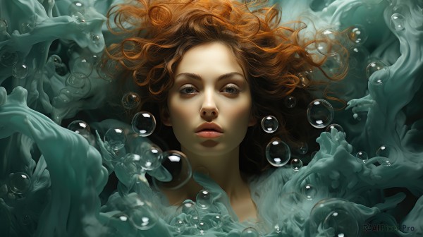 1girl,solo,long hair,looking at viewer,blue eyes,brown hair,parted lips,water,lips,floating hair,portrait,bubble,underwater,realistic,nose,air bubble,submerged,jellyfish,fish