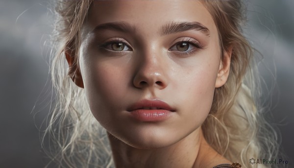 1girl,solo,long hair,looking at viewer,blonde hair,brown hair,brown eyes,jewelry,parted lips,artist name,necklace,blurry,lips,eyelashes,depth of field,blurry background,watermark,wavy hair,portrait,close-up,freckles,realistic,nose