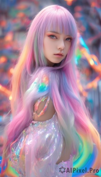 1girl,solo,long hair,looking at viewer,bangs,blue eyes,dress,very long hair,closed mouth,upper body,pink hair,multicolored hair,blunt bangs,blurry,from side,lips,see-through,grey eyes,eyelashes,gradient hair,makeup,blurry background,eyeshadow,realistic,nose,colorful,rainbow hair,jewelry,artist name,depth of field,expressionless,eyeliner,mascara