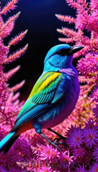 solo,closed mouth,flower,blurry,black eyes,from side,no humans,depth of field,bird,animal,feathers,pink flower,realistic,purple flower,animal focus,beak,wisteria,parrot,full body,outdoors,tree,night,night sky,flying,branch