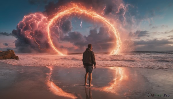 solo, black hair, 1boy, standing, male focus, outdoors, sky, shorts, cloud, hood, water, from behind, ocean, beach, hood down, cloudy sky, scenery, sunset, sand, horizon, waves, lightning