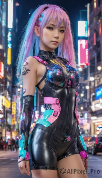 1girl,solo,long hair,breasts,looking at viewer,bangs,hair ornament,bare shoulders,brown eyes,medium breasts,closed mouth,blue hair,standing,pink hair,multicolored hair,cowboy shot,outdoors,detached sleeves,shorts,blurry,two-tone hair,lips,bodysuit,tattoo,makeup,night,blurry background,piercing,ear piercing,skin tight,science fiction,city,realistic,arms at sides,black bodysuit,cyberpunk,jewelry,earrings,small breasts,shiny,belt,nail polish,grey eyes,black shorts,building,shiny clothes,arm warmers,road,cityscape,asymmetrical clothes,latex,street,skyscraper,city lights,neon lights