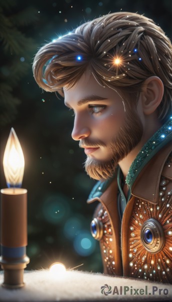 solo,short hair,blue eyes,brown hair,hair ornament,1boy,upper body,male focus,tears,signature,blurry,from side,profile,depth of field,blurry background,facial hair,gem,portrait,christmas,beard,lens flare,realistic,nose,light,candle,christmas tree,bokeh,candlelight,jewelry,closed mouth,jacket,artist name,lips,eyelashes,night,glowing,watermark,feathers,web address,brown jacket,looking afar