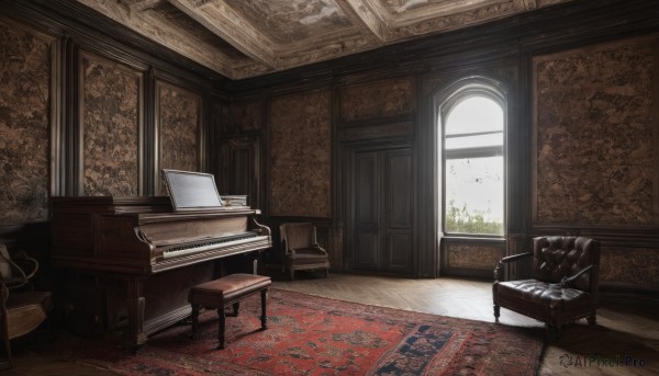 day,indoors,book,no humans,window,bird,chair,table,sunlight,plant,instrument,scenery,couch,wooden floor,door,computer,laptop,piano,carpet,rug,painting (object),grand piano