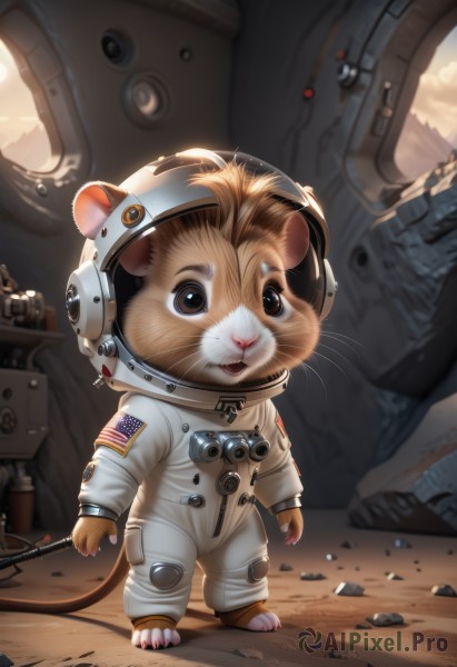 solo,looking at viewer,brown eyes,standing,full body,no humans,animal,helmet,1other,science fiction,rock,realistic,cable,mouse,whiskers,american flag,debris,spacesuit,hamster,rubble,japanese flag,astronaut,open mouth,1boy,animal ears,male focus,artist name,signature,blurry,furry,flag,space,tube,space helmet