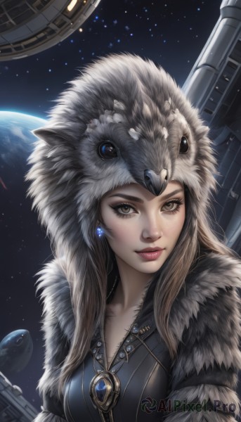 1girl,solo,long hair,breasts,looking at viewer,blonde hair,brown hair,cleavage,brown eyes,jewelry,medium breasts,closed mouth,upper body,weapon,earrings,signature,necklace,lips,gun,fur trim,eyelashes,makeup,gem,star (sky),rifle,freckles,realistic,nose,space,planet,earth (planet),spacecraft,pelt,sky,artist name,moon,lipstick,pendant,zipper,science fiction,fur,wolf