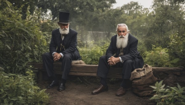 shirt,long sleeves,hat,jewelry,sitting,closed mouth,jacket,white shirt,white hair,male focus,outdoors,multiple boys,necktie,shoes,day,pointy ears,pants,2boys,necklace,bag,black footwear,tree,black jacket,black headwear,facial hair,brown footwear,black pants,formal,own hands together,suit,cross,plant,nature,interlocked fingers,beard,forest,top hat,mustache,bench,bush,cross necklace,old,old man,black suit,park bench,priest,log,backpack removed,brown hair,scar,ring,realistic,own hands clasped