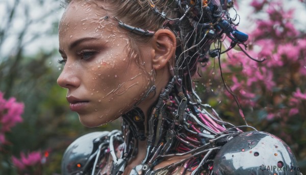 1girl, solo, blue eyes, brown hair, flower, blurry, lips, wet, eyelashes, profile, blurry background, science fiction, realistic, nose, android, cable, cyborg, cyberpunk