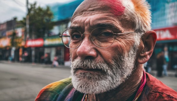 solo,looking at viewer,shirt,1boy,closed mouth,white hair,male focus,outdoors,glasses,day,blurry,dutch angle,depth of field,blurry background,facial hair,portrait,beard,realistic,round eyewear,mustache,bald,manly,old,old man,photo background,wrinkled skin,sky,thick eyebrows