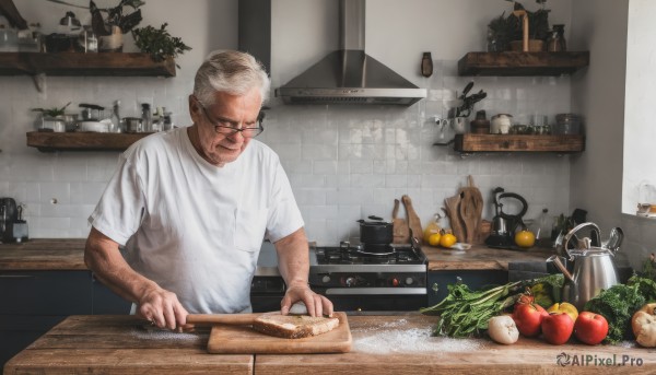 solo,short hair,shirt,1boy,holding,closed mouth,white shirt,upper body,white hair,short sleeves,grey hair,male focus,food,glasses,indoors,fruit,facial hair,bottle,knife,plant,t-shirt,black-framed eyewear,realistic,apple,carrot,old,old man,cooking,kitchen,tomato,vegetable,frying pan,sink,lettuce,cutting board,onion,beard,mustache,basket,tiles,holding knife,bread,jar,counter,stove,potato,wrinkled skin